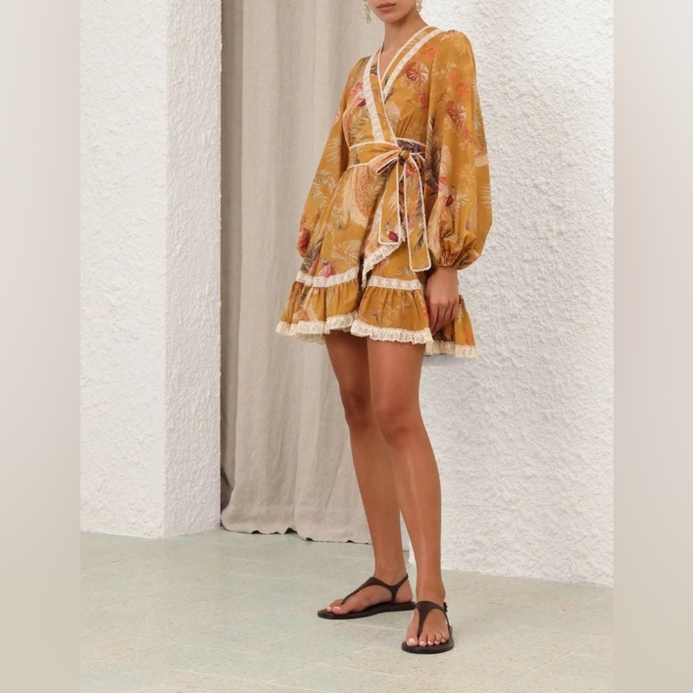 Zimmerman Ascension Frill Mini Dress in Mustard Palm Floral print NWT AU 2/US 8